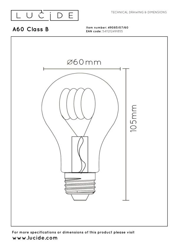 Lucide A60 Class B - Glühfadenlampe - Ø 6,4 cm - LED Dim. - E27 - 1x7W 2700K - Transparent - technisch